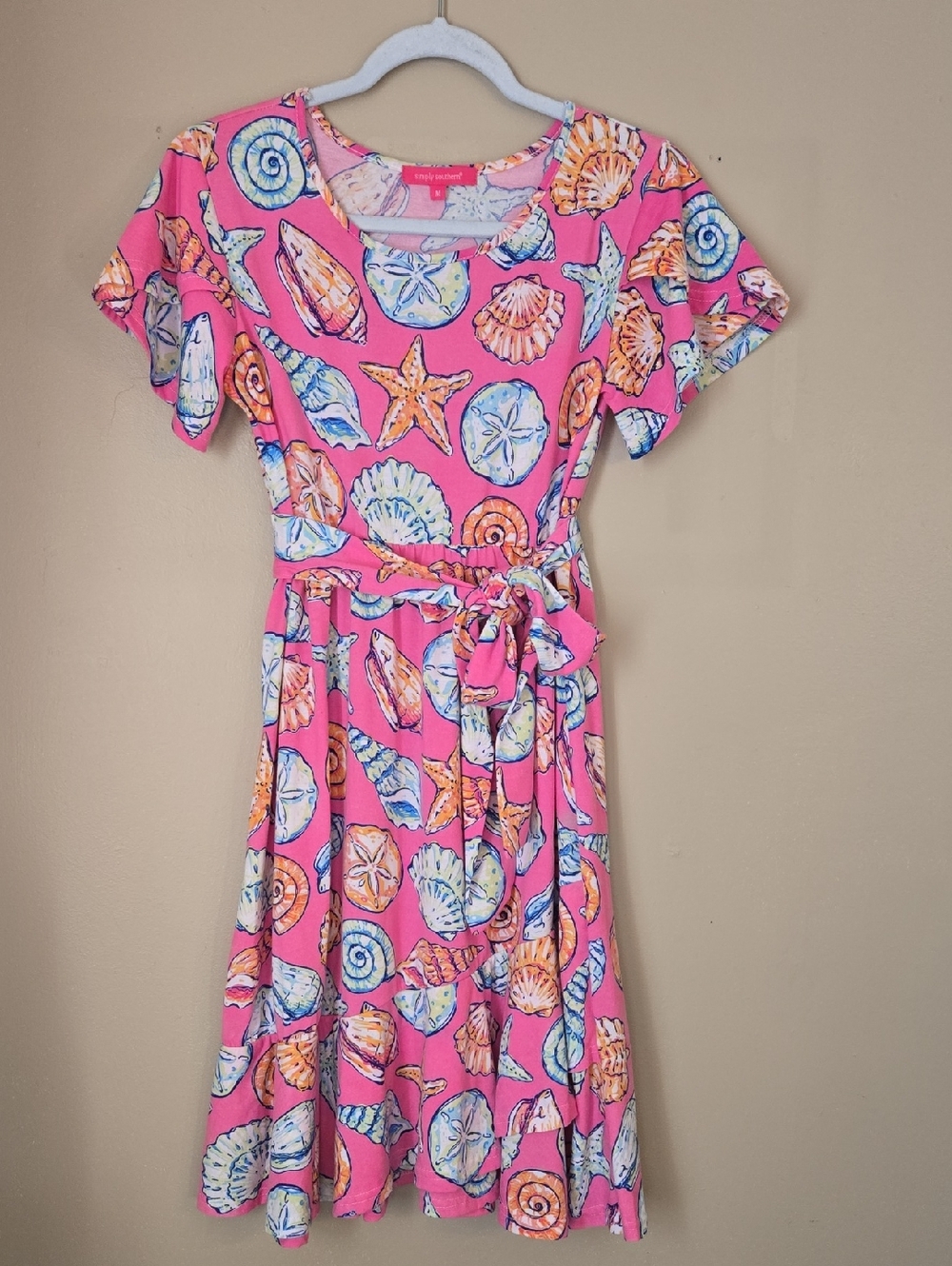 Simply Southern - Pink Seashell Print Belted Fit-and-Flare Dress